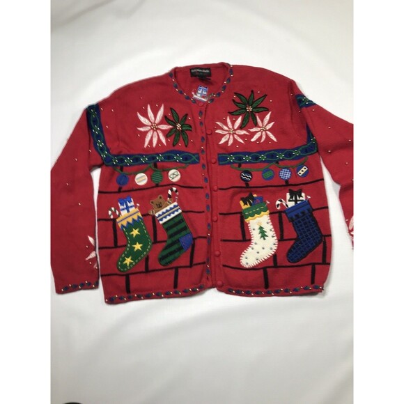 Hampshire Studio Sweaters - Hampshire Studio Vintage Red Embroidered Christmas Sweater Cardigan Size L